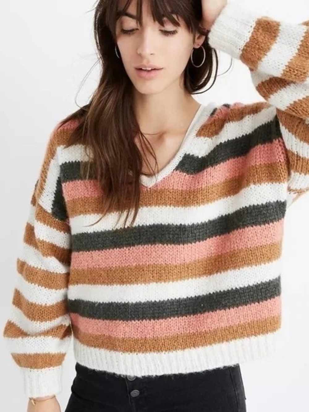 Madewell Alpaca Wool Blend Striped V-Neck Sweater in Pink, White & Brown Size S